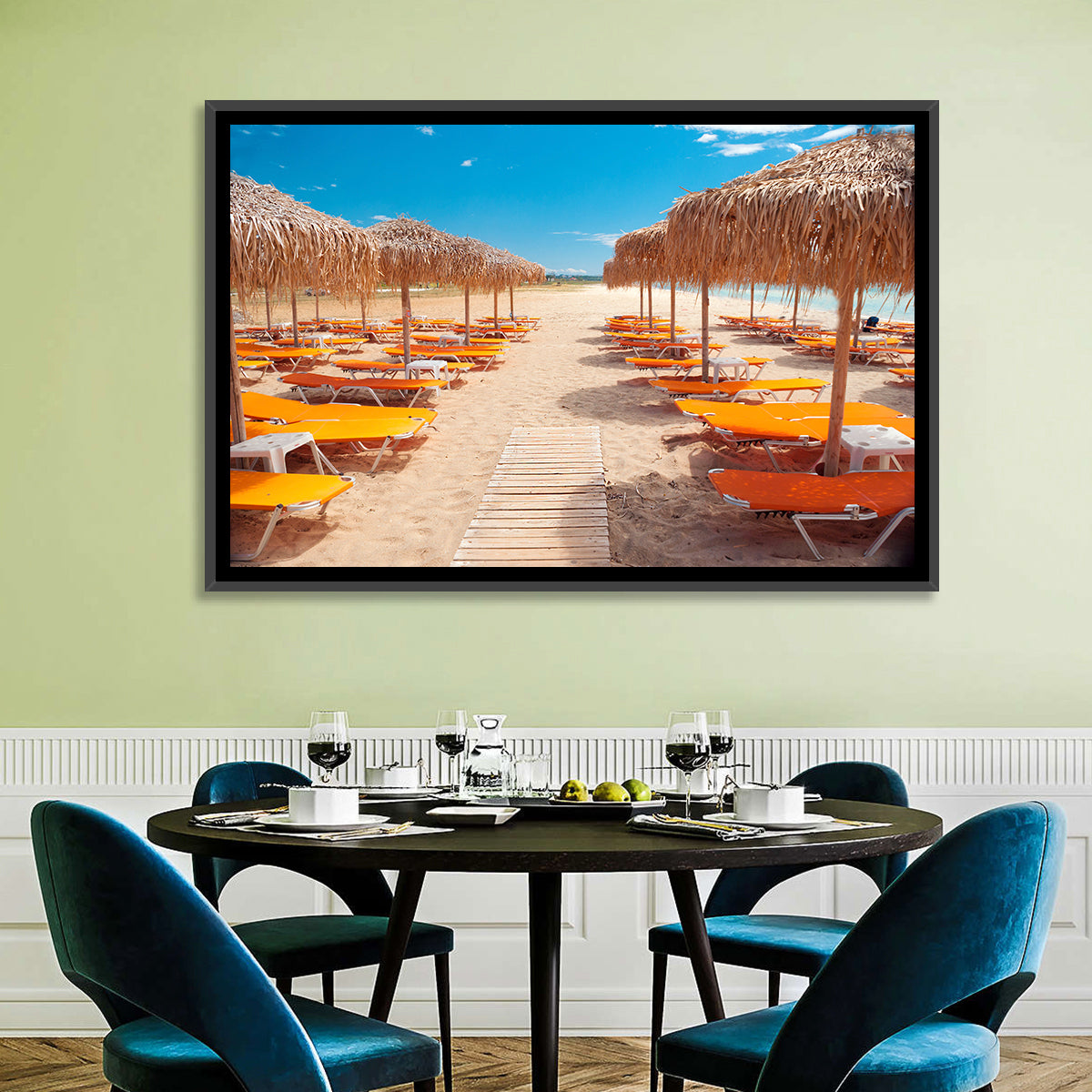 Beach Boardwalk with Orange Loungers Wall Art in a room, landscape
