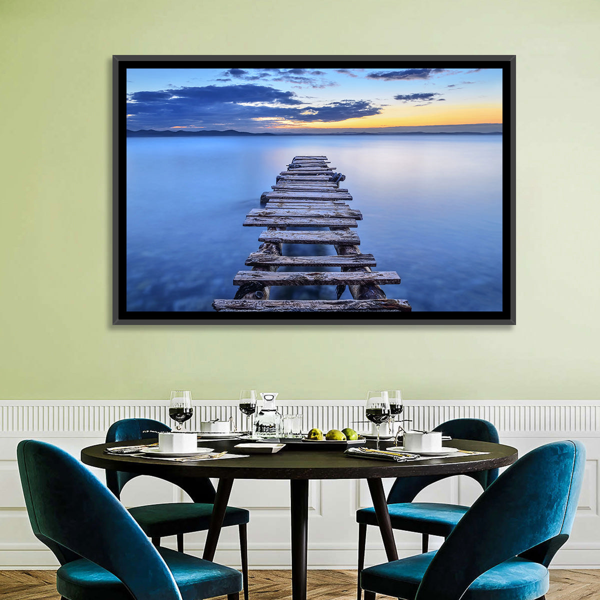 Weathered Lake Pier at Dusk Wall Art in a room, landscape