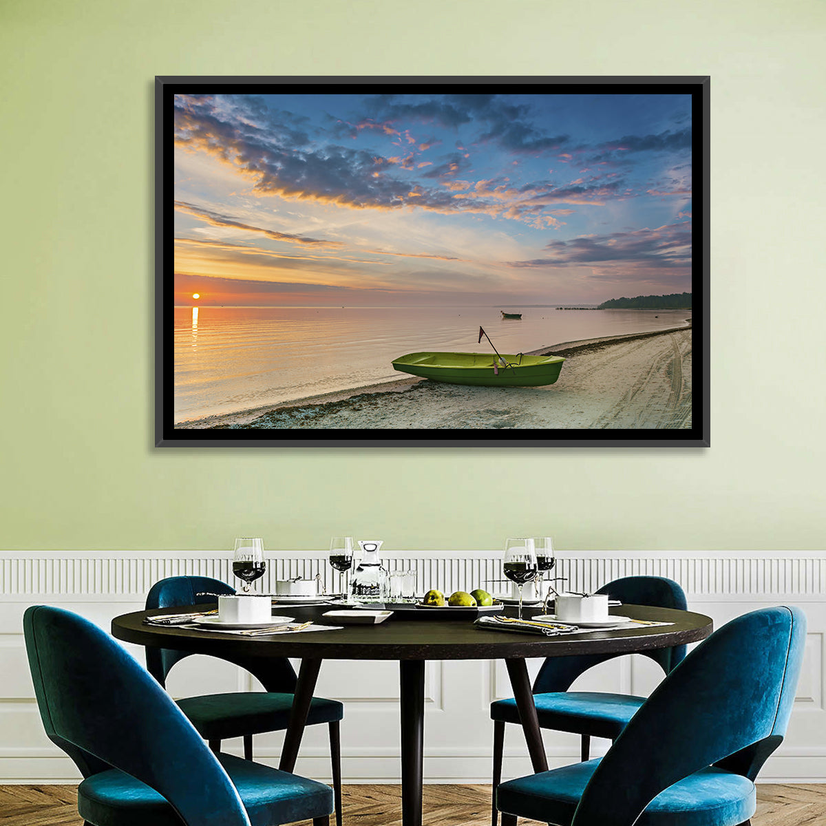 Green Rowboat at Sunrise Wall Art in a room, landscape