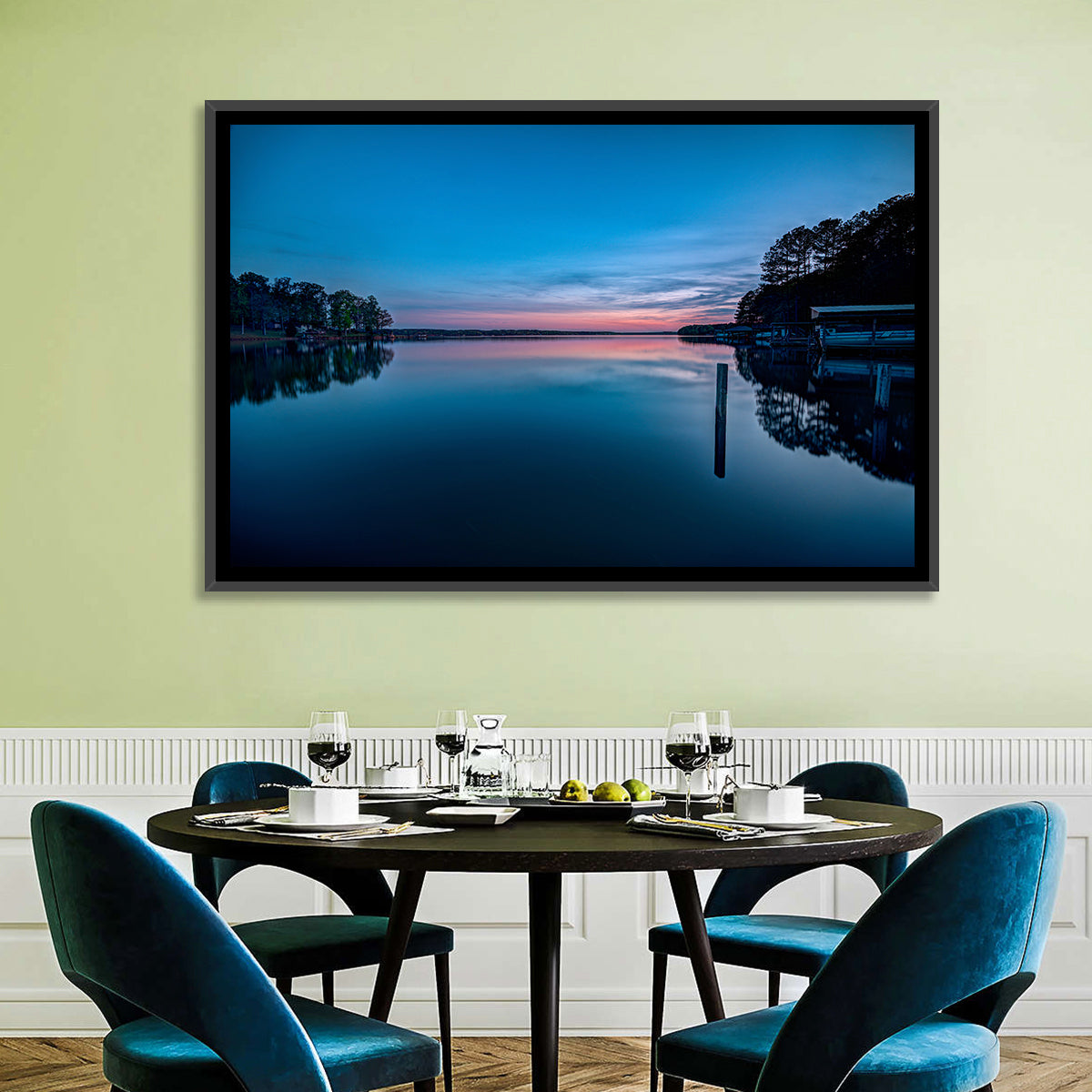 Lake Gaston Twilight Reflection Wall Art in a room, landscape