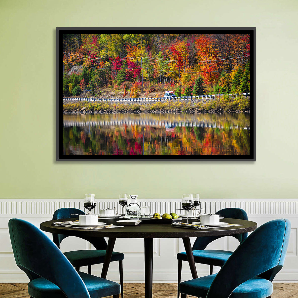 Algonquin Highway 60 Autumn Reflection Wall Art in a room, landscape