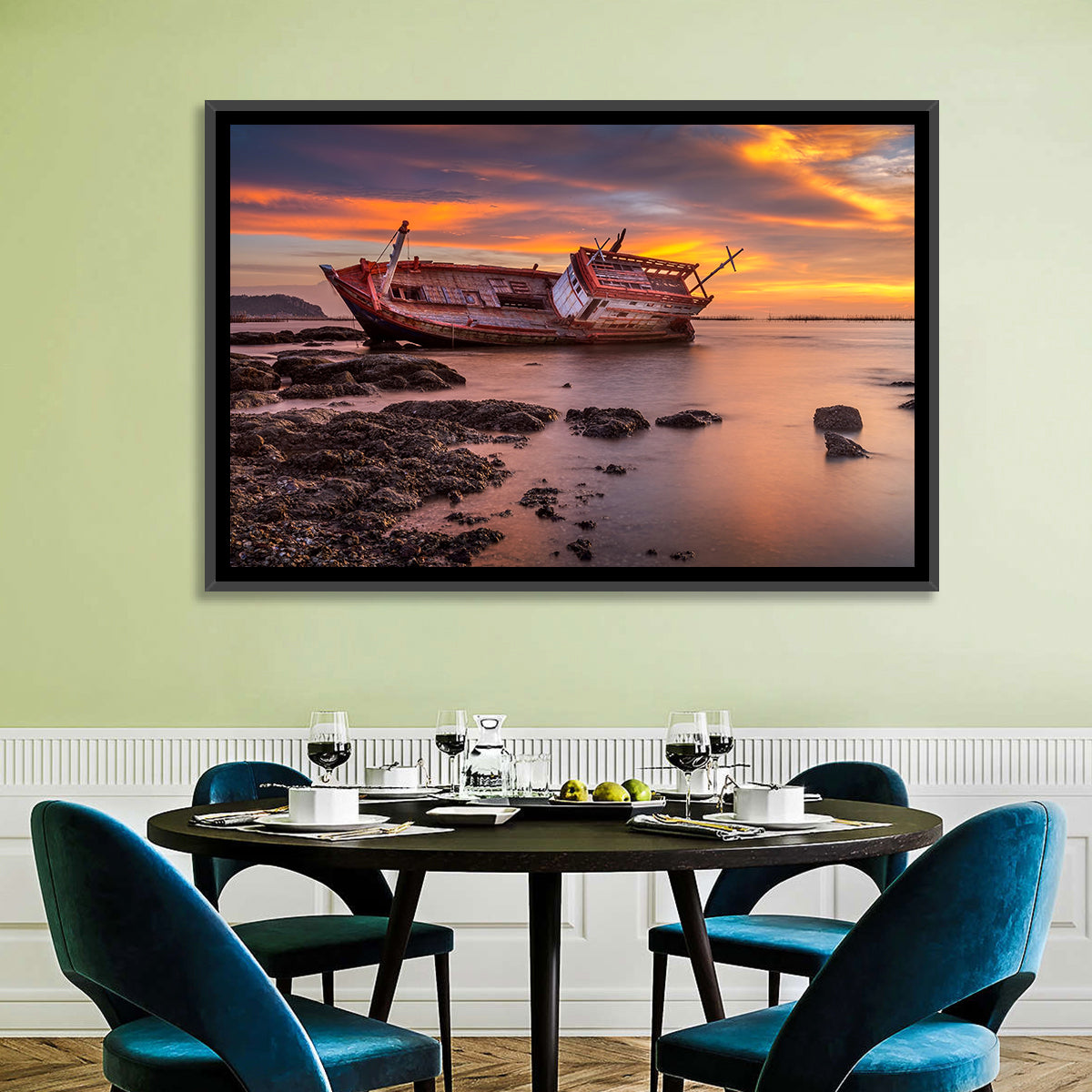 Shipwreck at Sunset Wall Art in a room, landscape