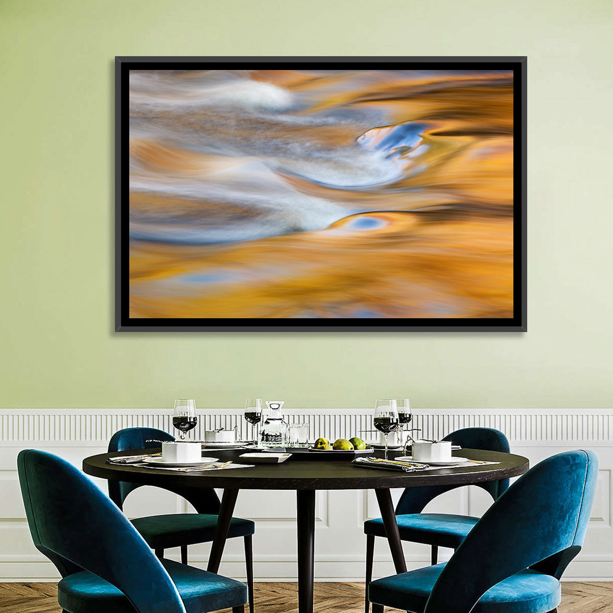 Golden Water Abstraction Wall Art in a room, landscape