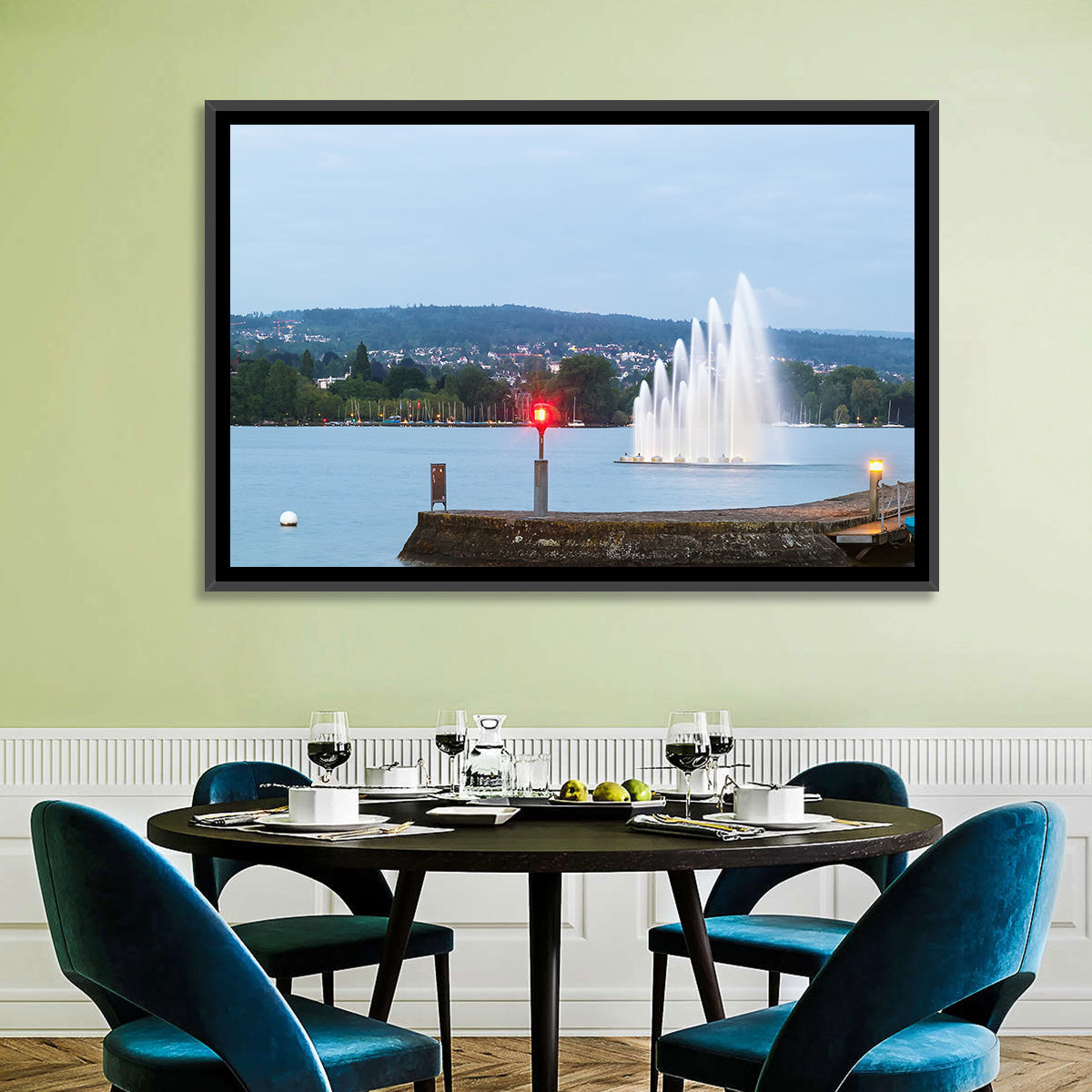 Lake Zurich Fountain at Dusk Wall Art in a room, landscape