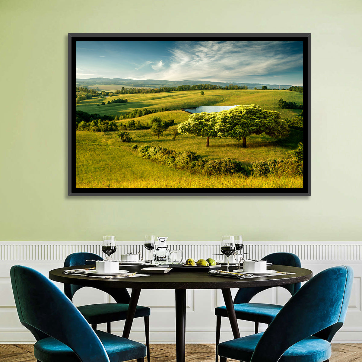 Rolling Hills with Pond Wall Art in a room, landscape