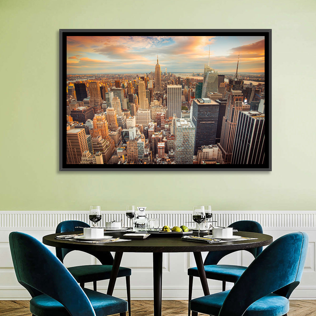 Midtown Manhattan Skyline at Sunset Wall Art in a room, landscape