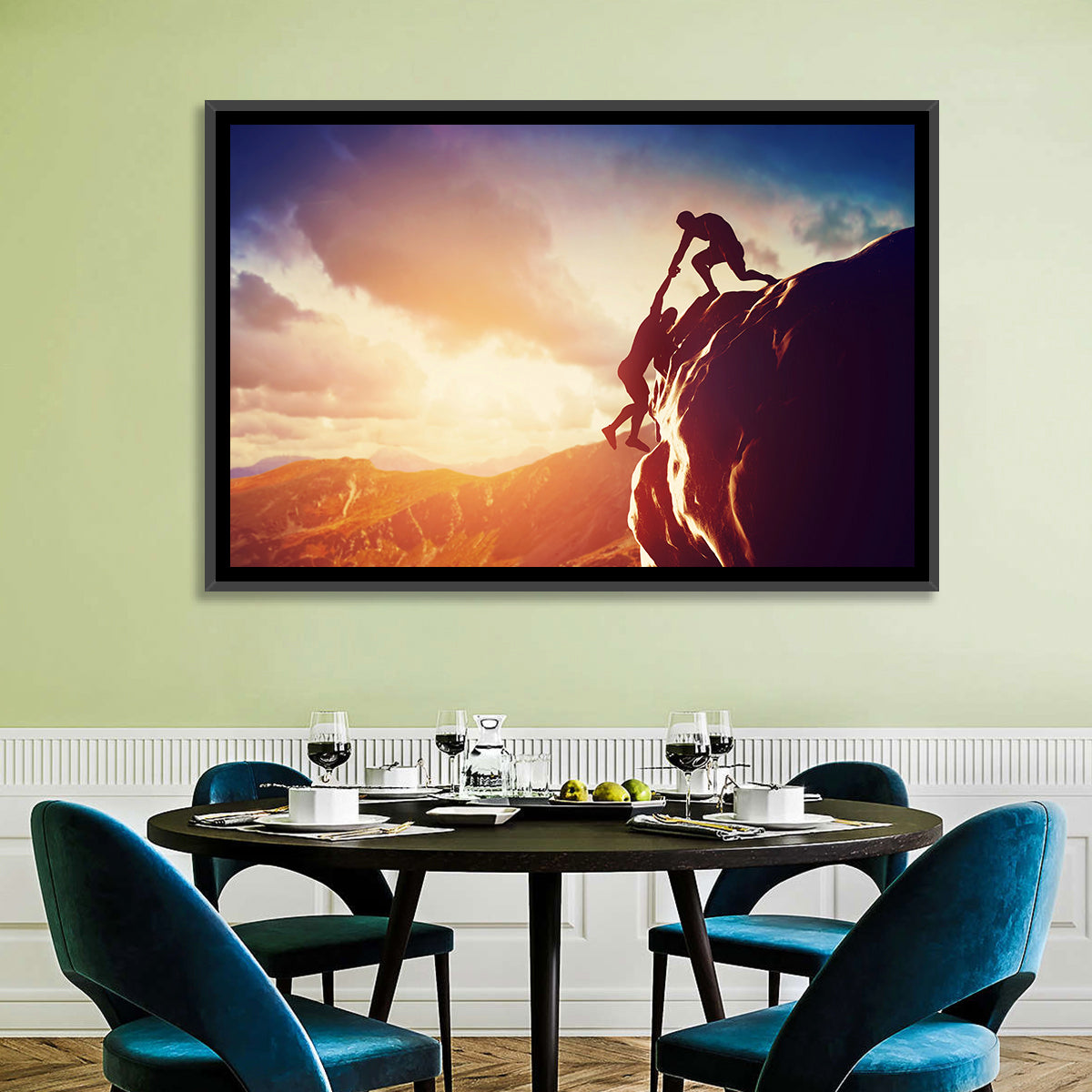 Two Hikers Summit Assist at Sunset Wall Art in a room, landscape