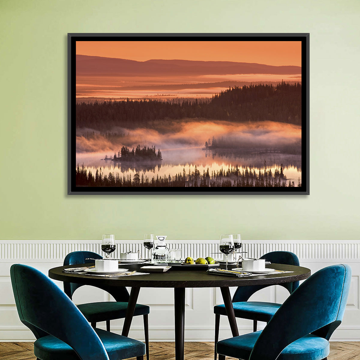 Lapland Sunrise Over Misty Lake Wall Art in a room, landscape