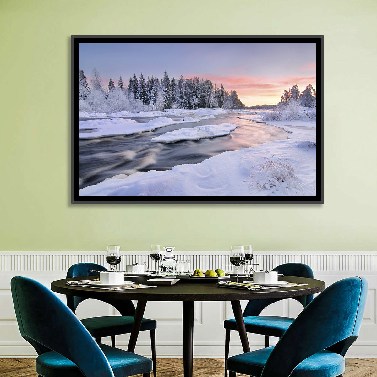 Kiiminkijoki Winter Sunrise Wall Art in a room, landscape