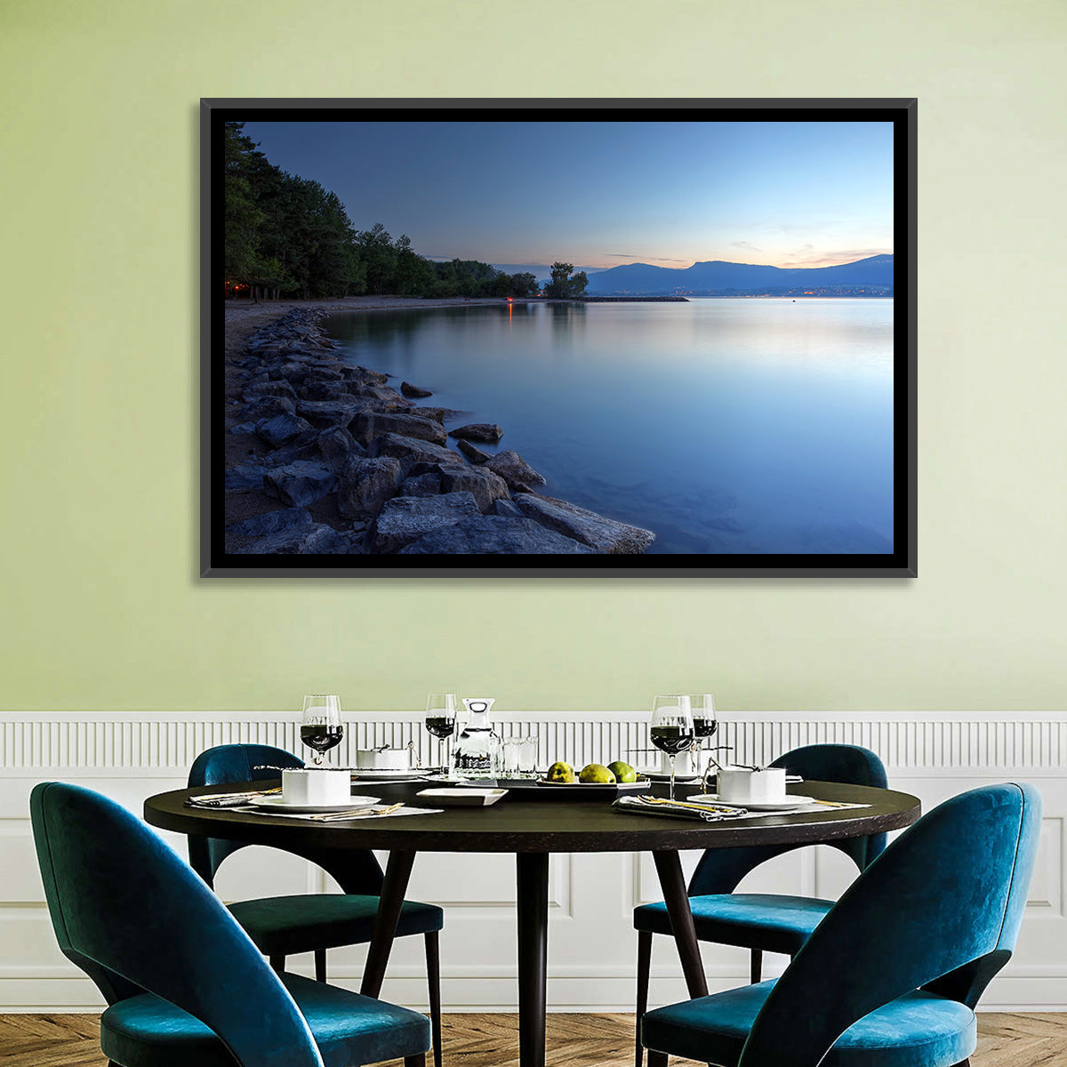 Lake Neuchatel Twilight Wall Art in a room, landscape
