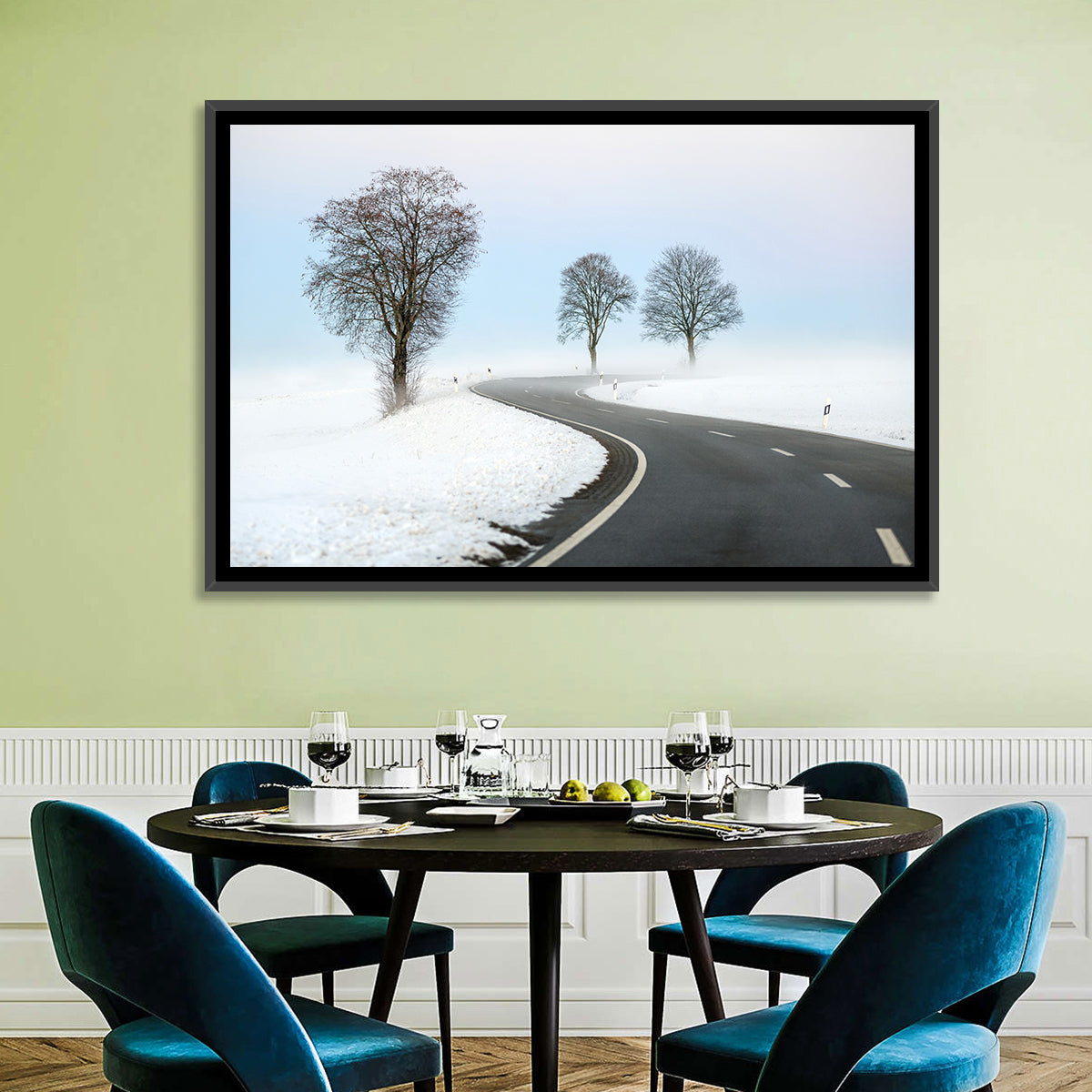 Foggy Winter Road Wall Art in a room, landscape