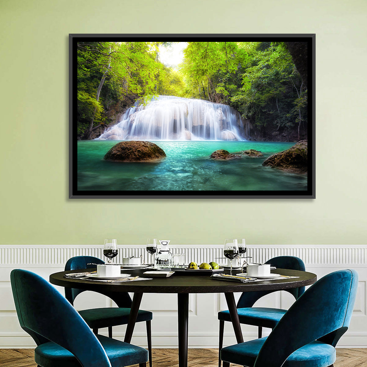 Erawan Falls Turquoise Waterfall Wall Art in a room, landscape