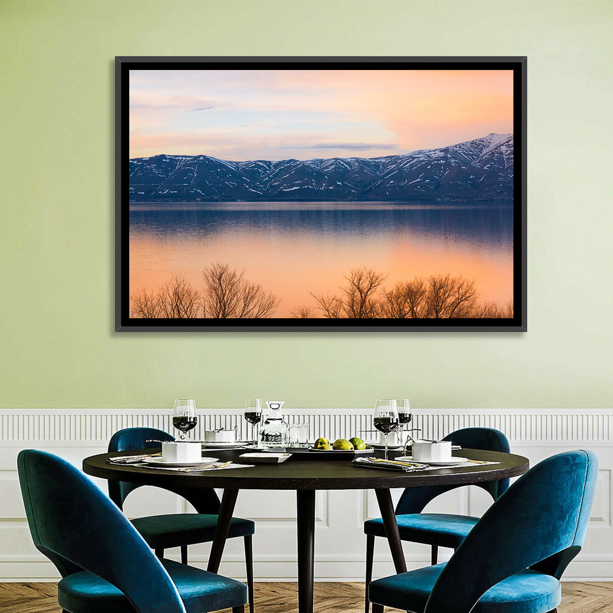 Lake Sevan Golden Dusk Wall Art in a room, landscape