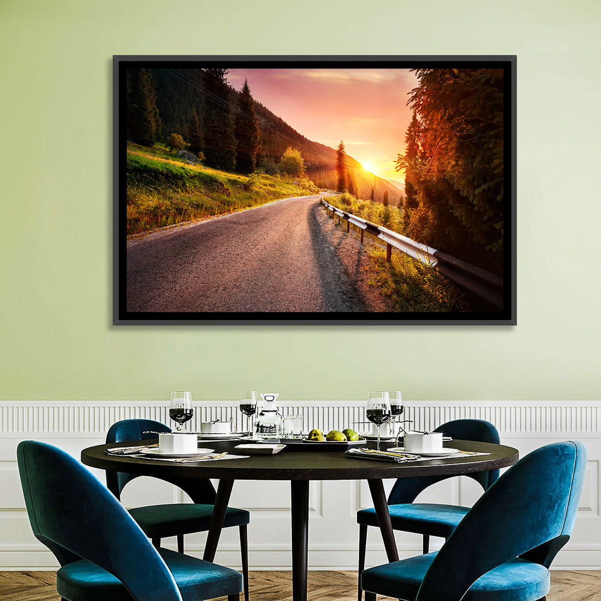 Golden Hour Mountain Road Wall Art in a room, landscape