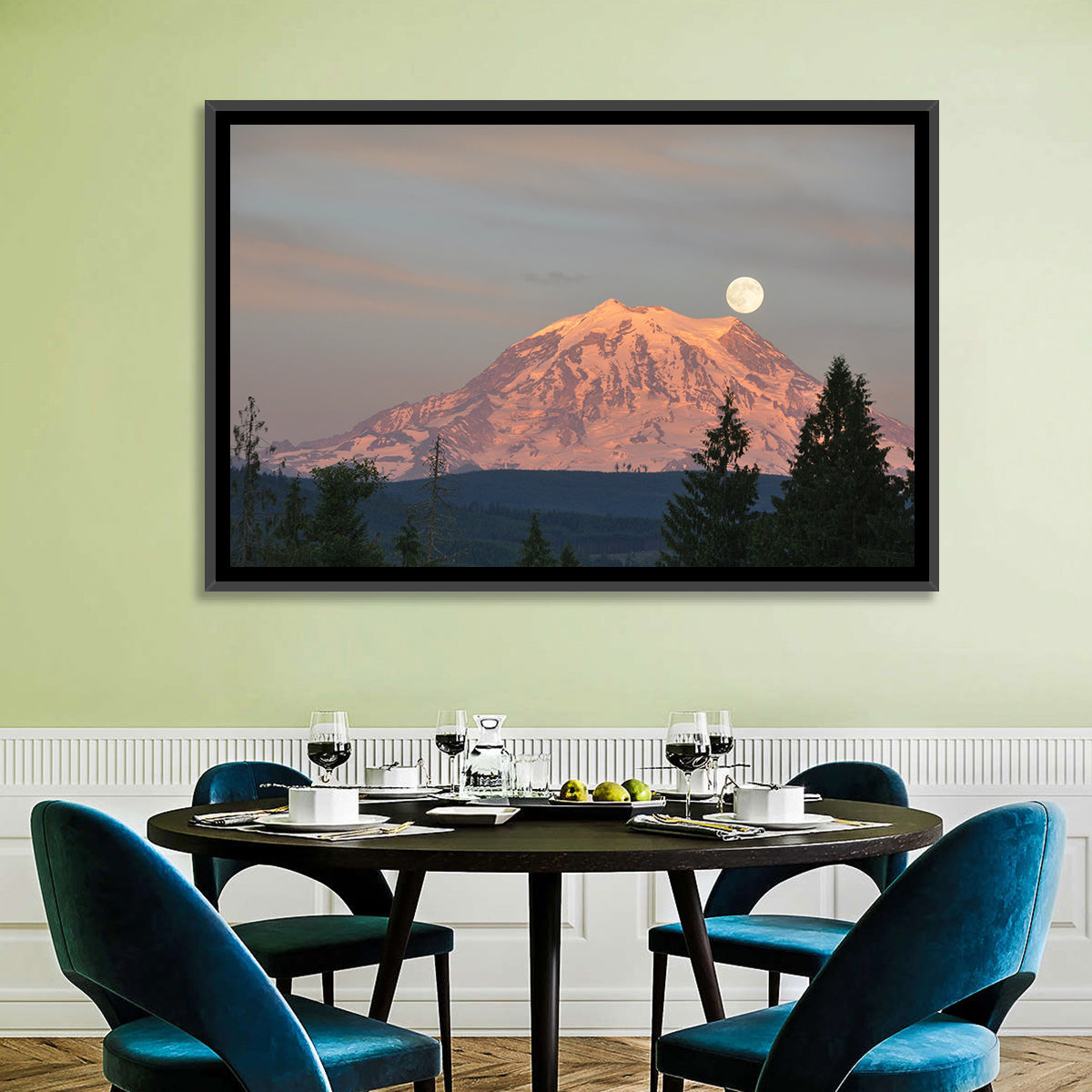 Mount Rainier Alpenglow with Full Moon Wall Art in a room, landscape