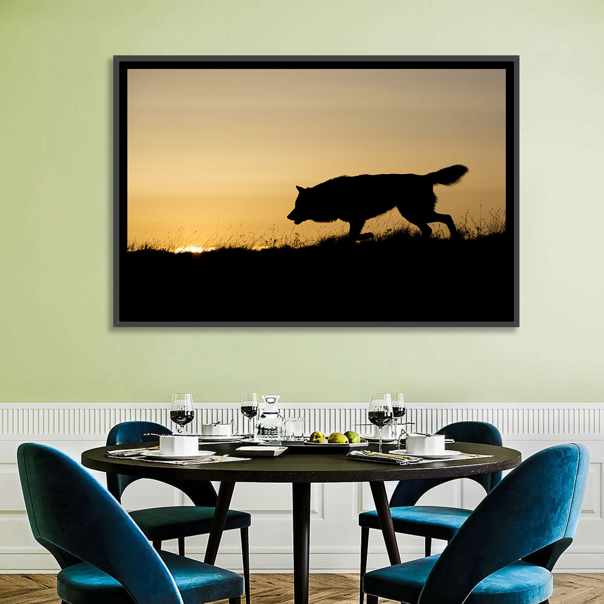 Wolf at Golden Horizon Wall Art in a room, landscape