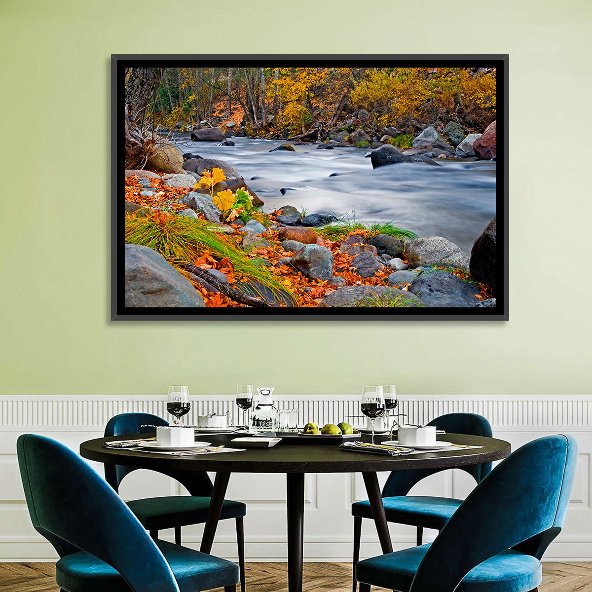 Golden Autumn Forest Creek Wall Art in a room, landscape