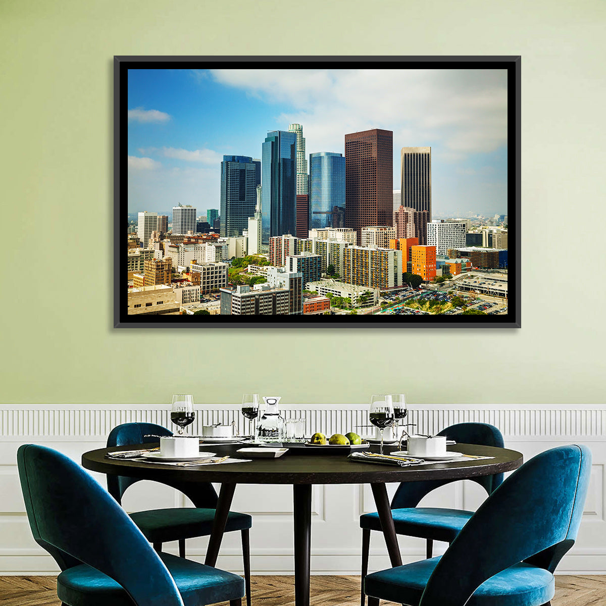 Downtown Los Angeles Skyline Cityscape Wall Art in a room, landscape