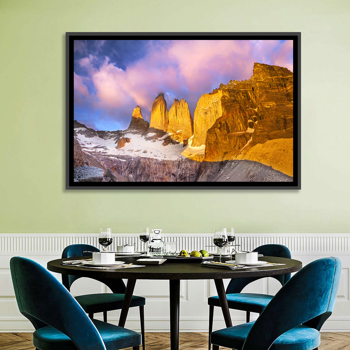 Torres Del Paine Alpenglow Wall Art in a room, landscape