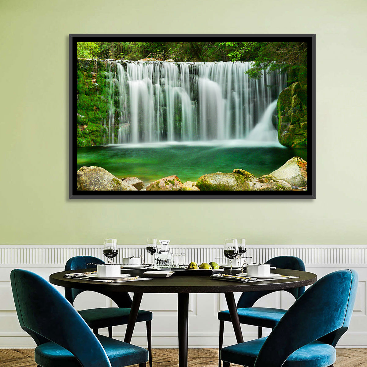 Emerald Lake Waterfall Wall Art in a room, landscape
