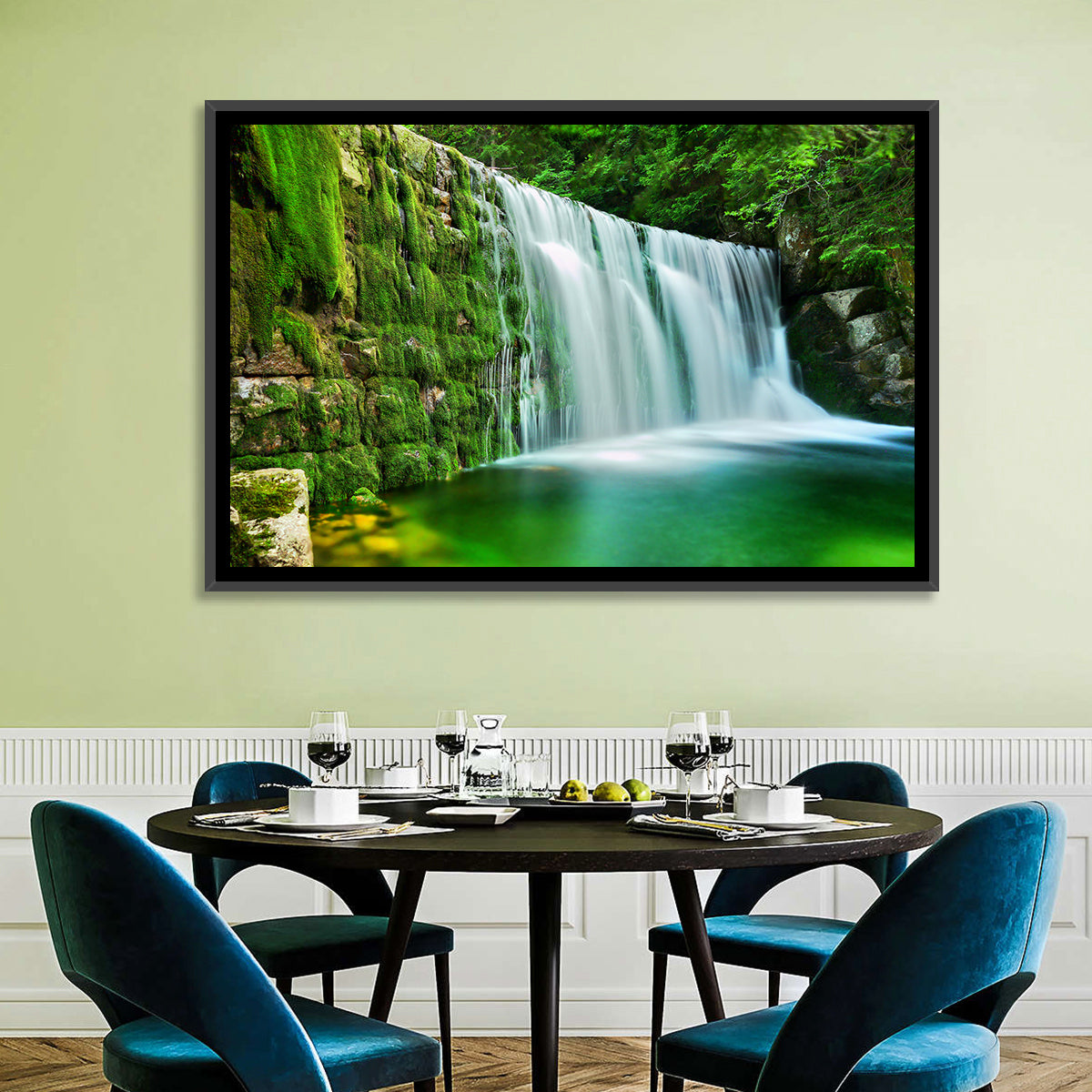 Emerald Lake Cascade Wall Art in a room, landscape