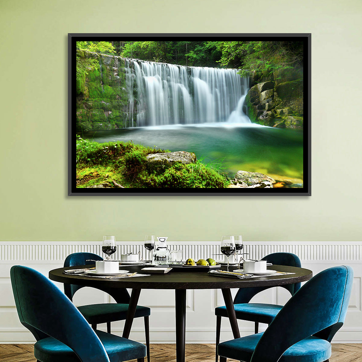 Emerald Forest Waterfall with Mossy Stones Wall Art in a room, landscape