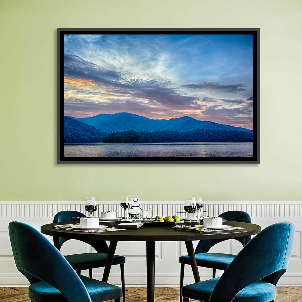 Lake Santeetlah Sunset Glow Wall Art in a room, landscape