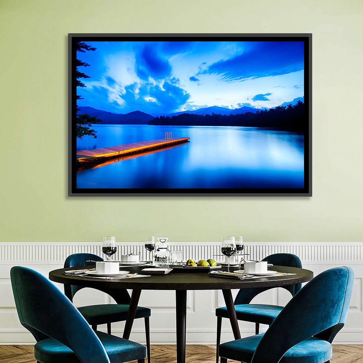 Lake Santeetlah Pier at Dusk Wall Art in a room, landscape