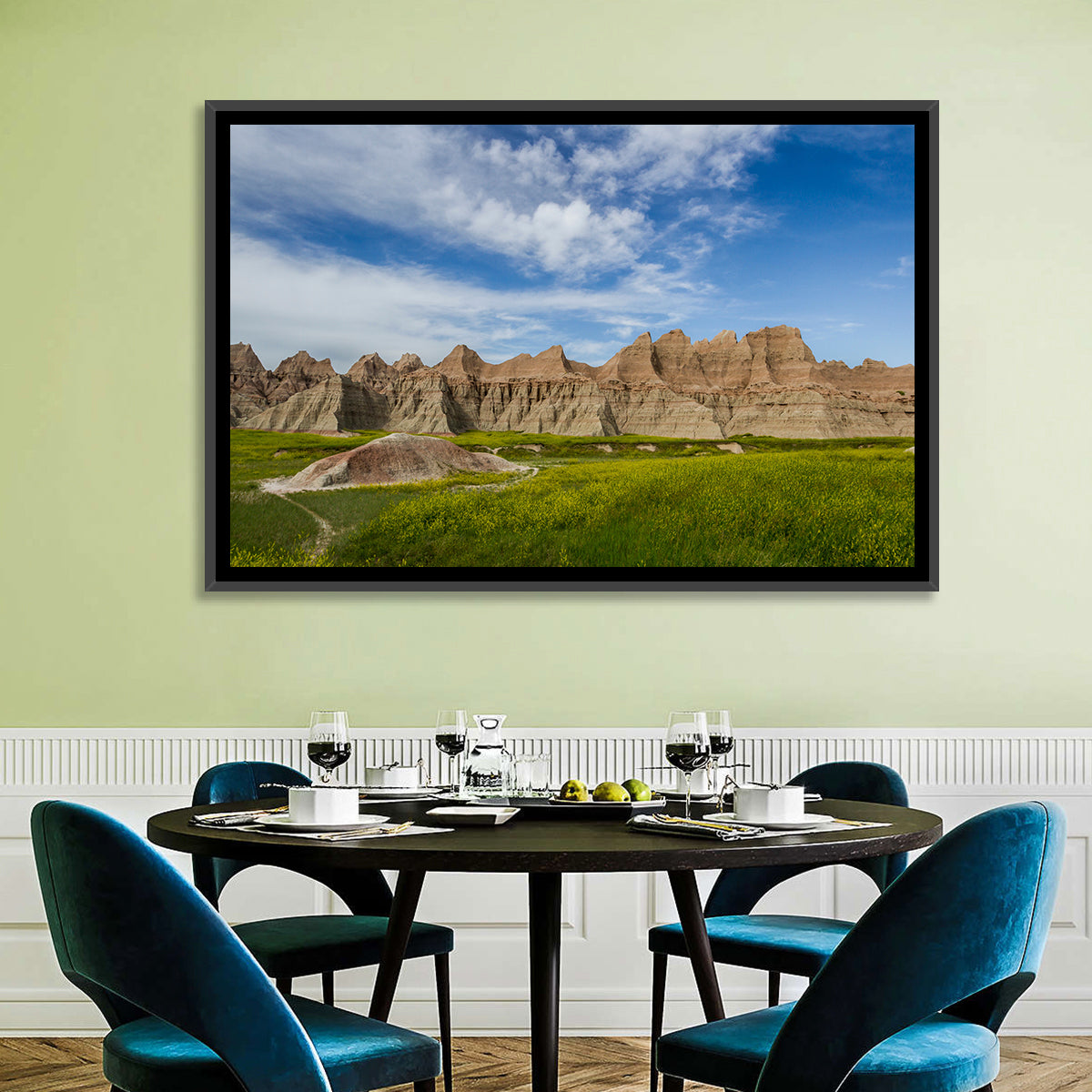 Badlands Meadow and Rock Formations Wall Art in a room, landscape