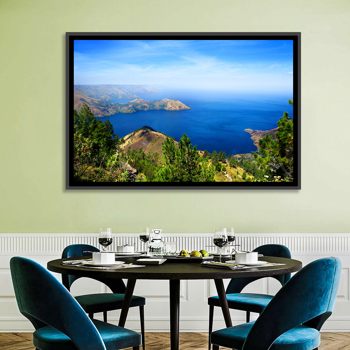 Lake Toba Aerial View Wall Art in a room, landscape