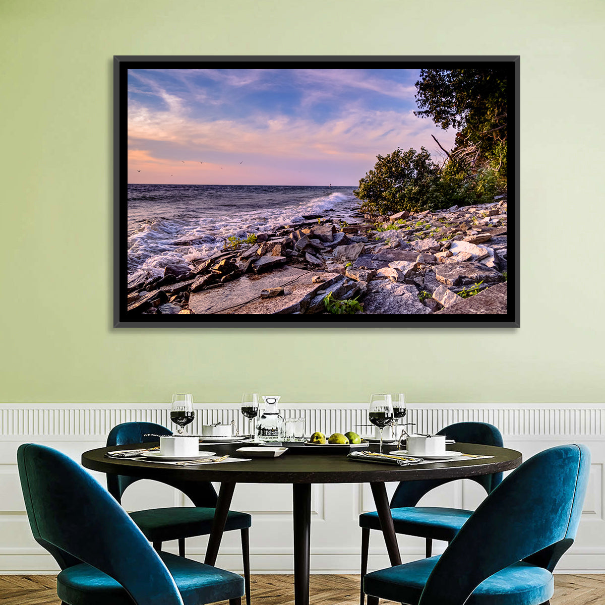 Lake Michigan Rocky Shoreline at Dusk Wall Art in a room, landscape