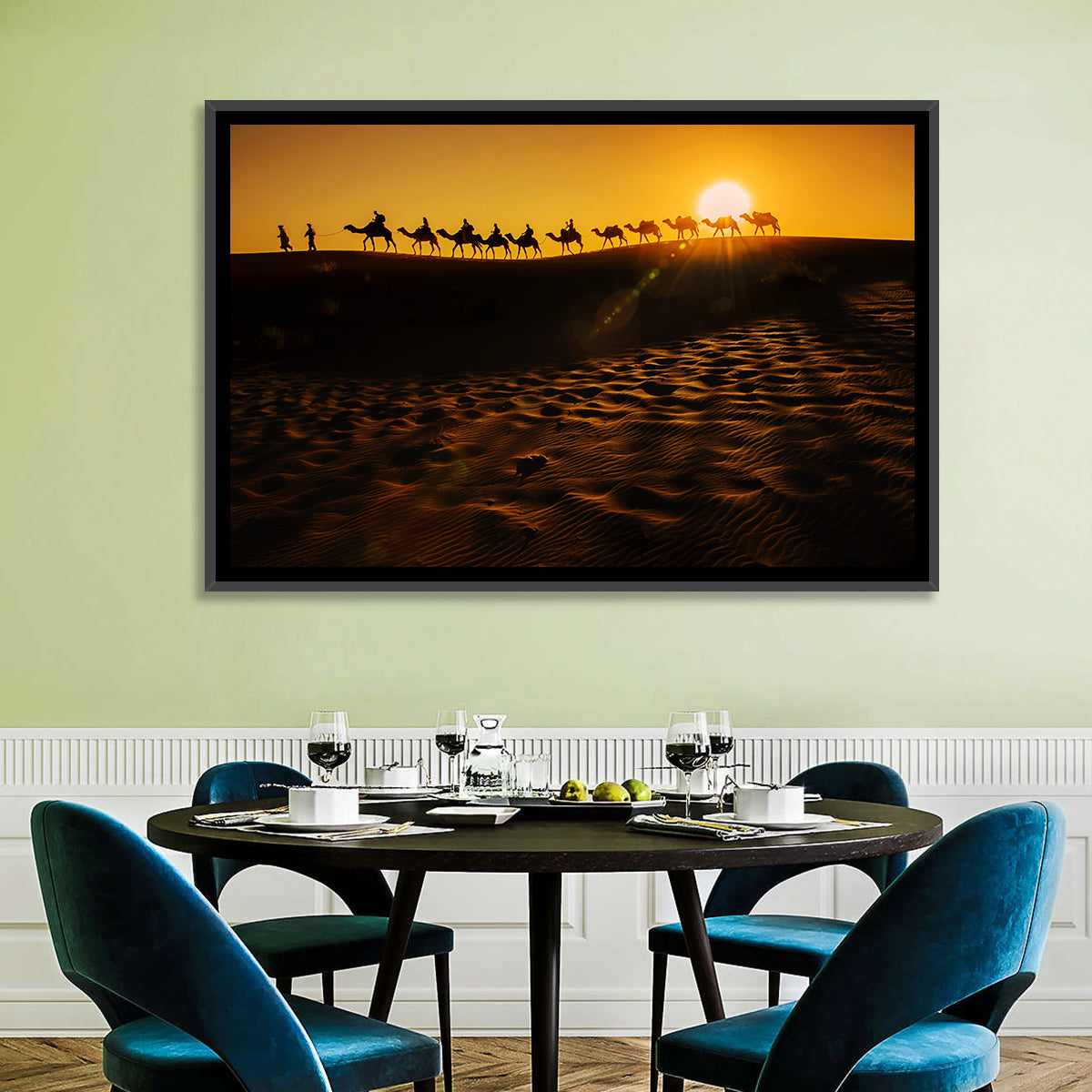 Camel Caravan Silhouette at Golden Sunset Wall Art in a room, landscape