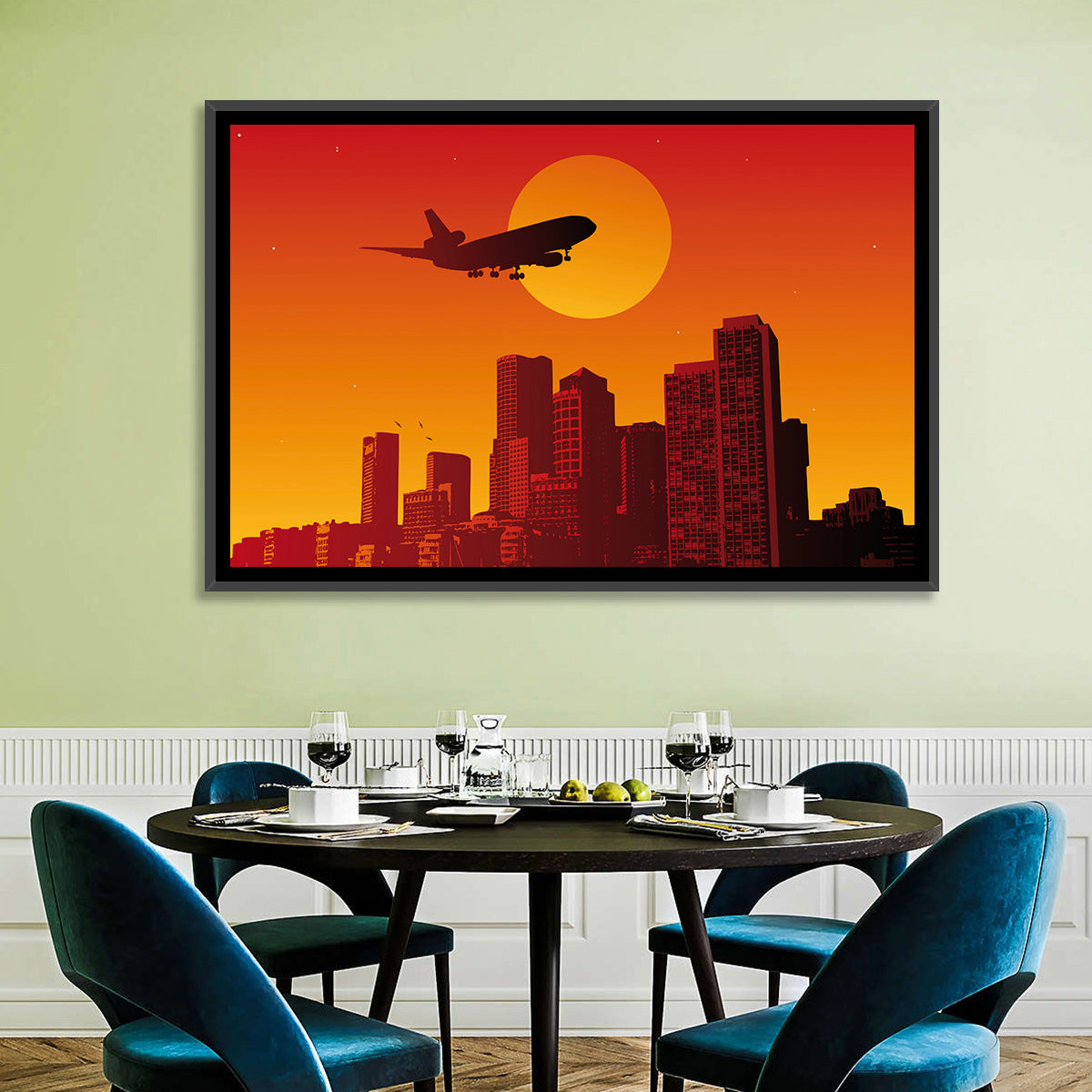 Tri Jet Sunset Skyline Wall Art in a room, landscape
