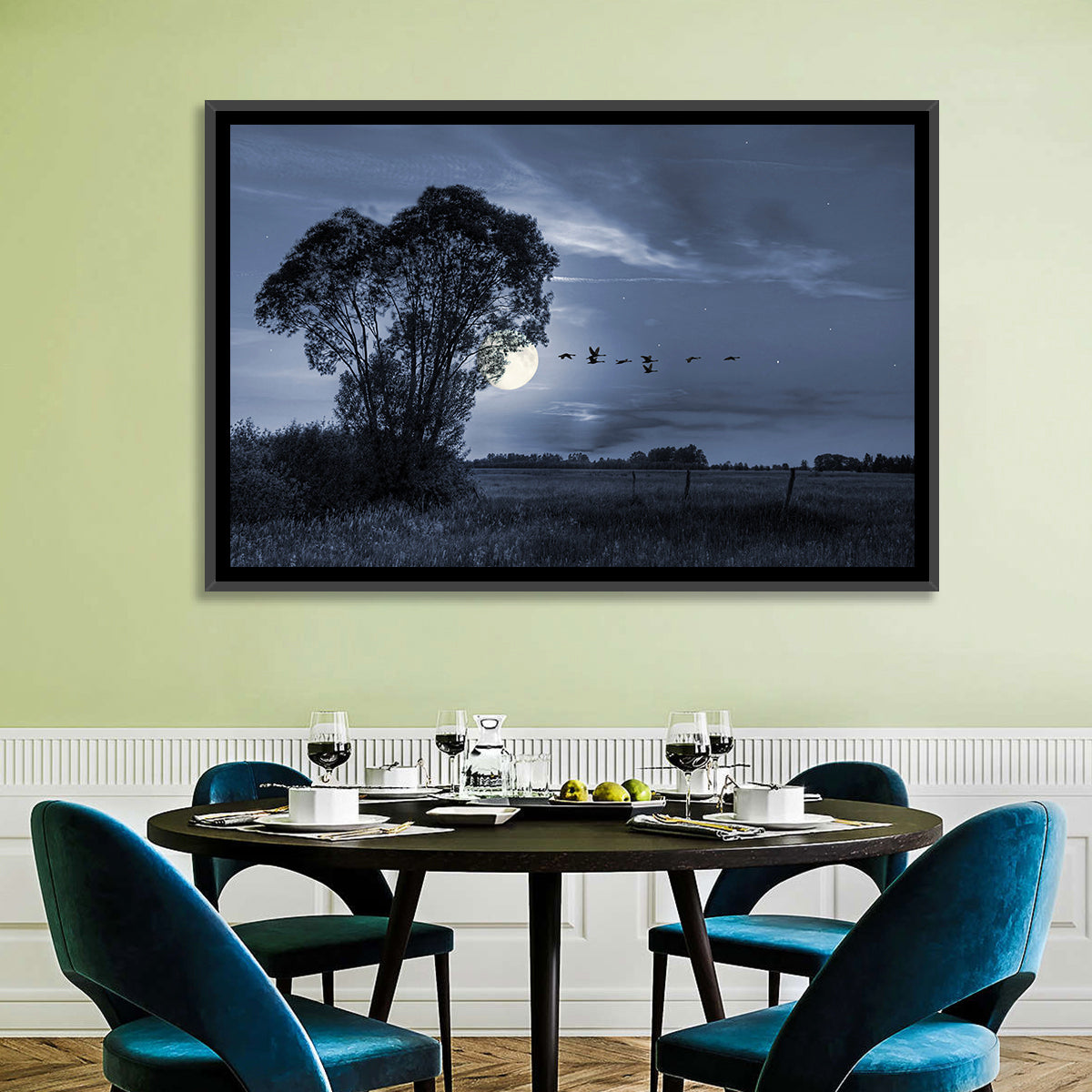 Moonlit Birds Over Quiet Field Wall Art