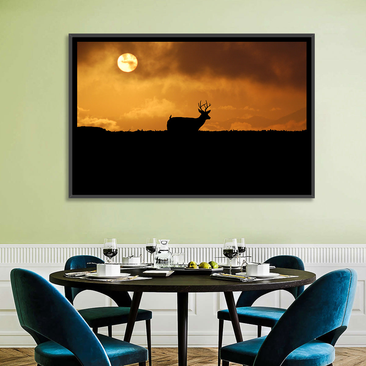 Deer at Sunset Wall Art in a room, landscape