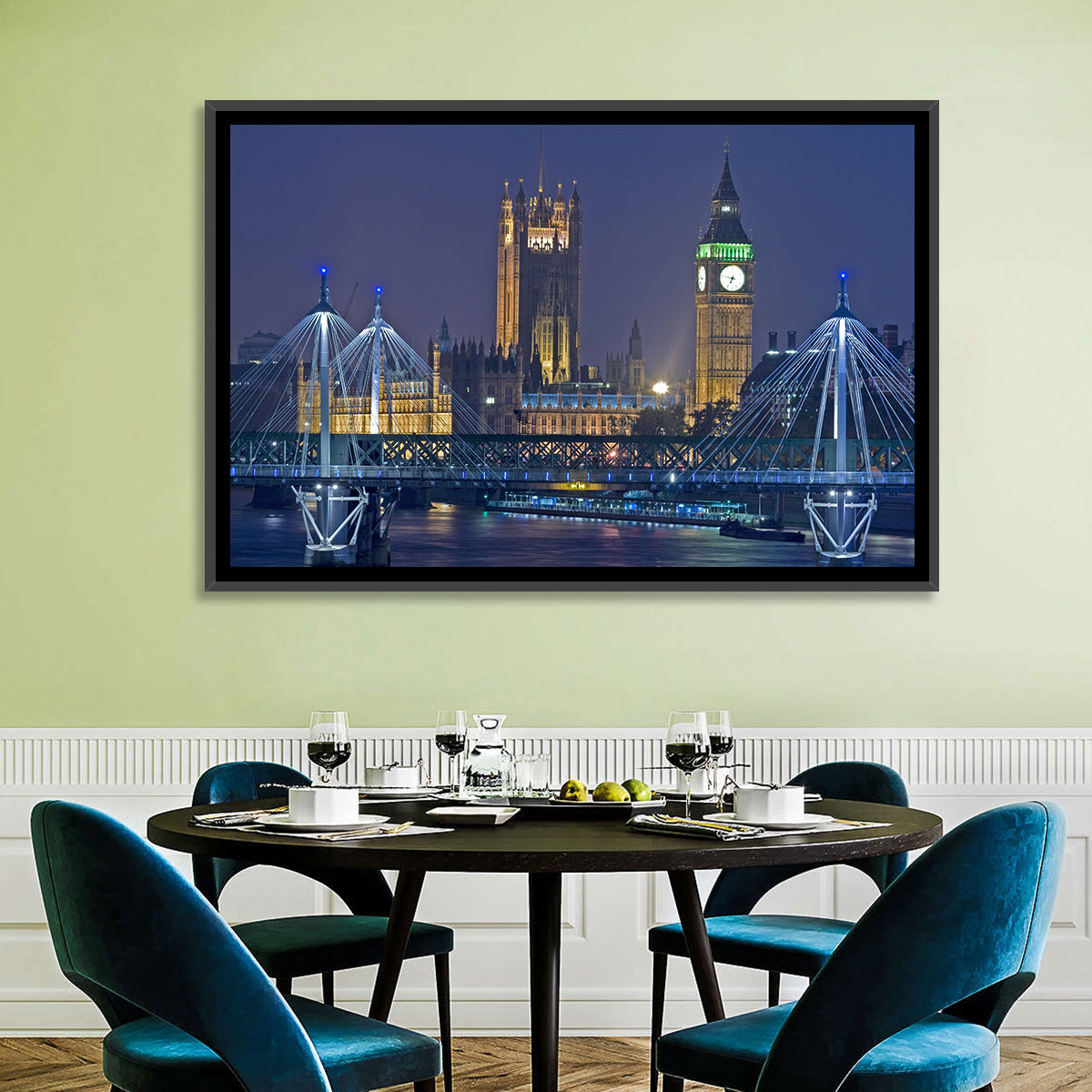 Big Ben Night Skyline Wall Art in a room, landscape