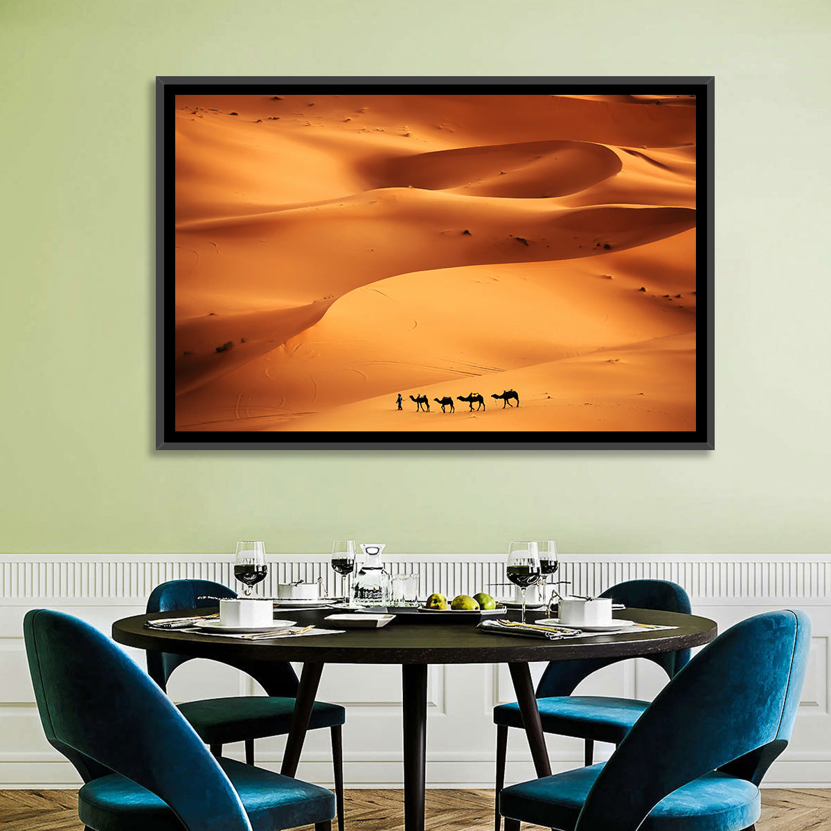 Desert Camel Caravan in Golden Dunes Wall Art in a room, landscape
