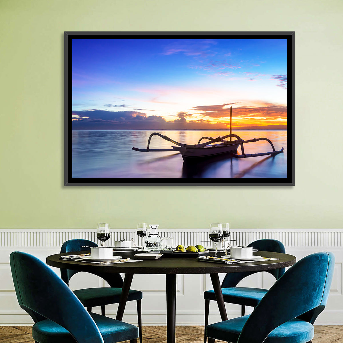 Jukung Fishing Boat at Sunset Wall Art in a room, landscape