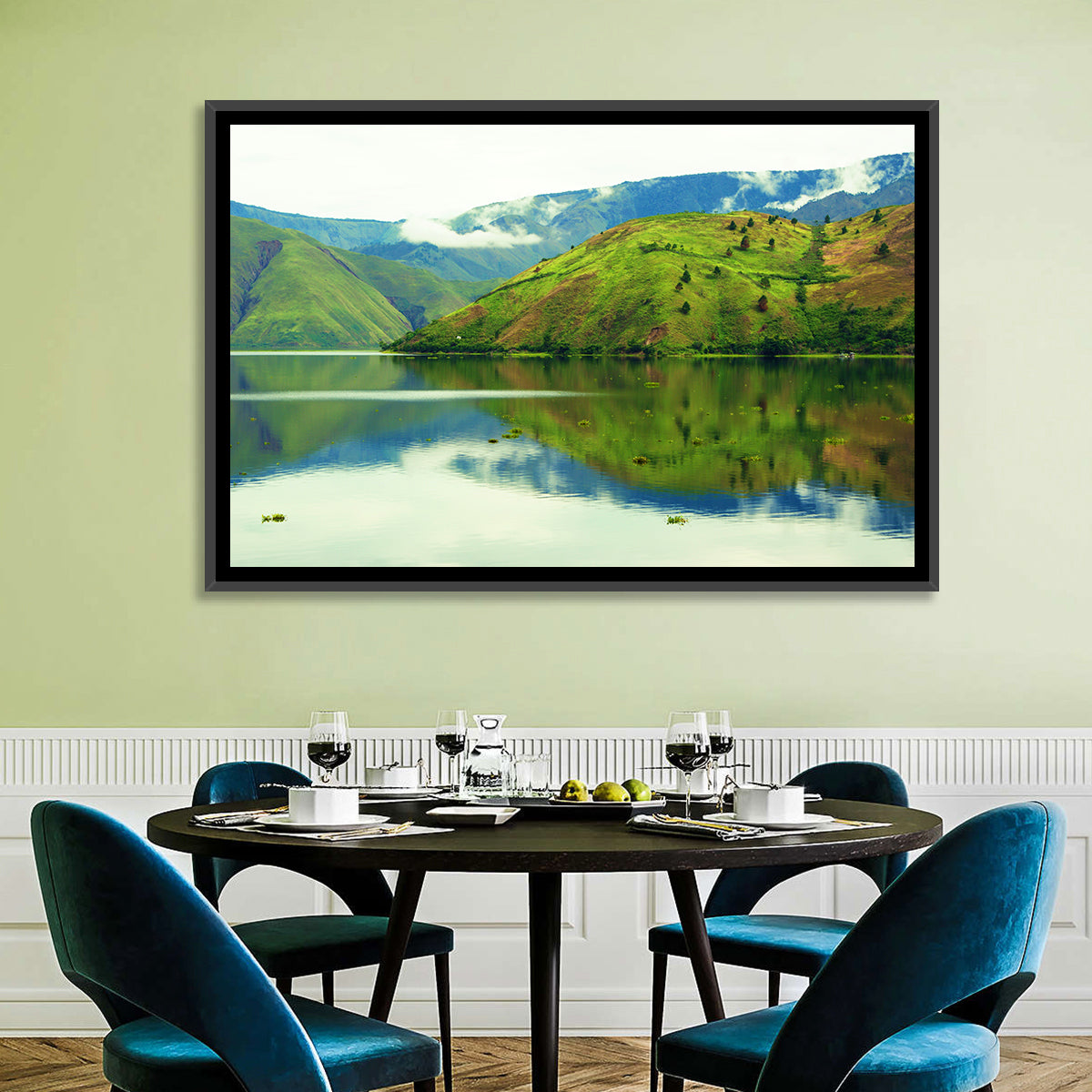 Lake Toba Reflection Wall Art in a room, landscape