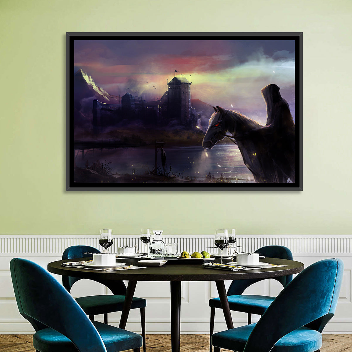 Horseman at Dusk by Misty Castle Wall Art in a room, landscape