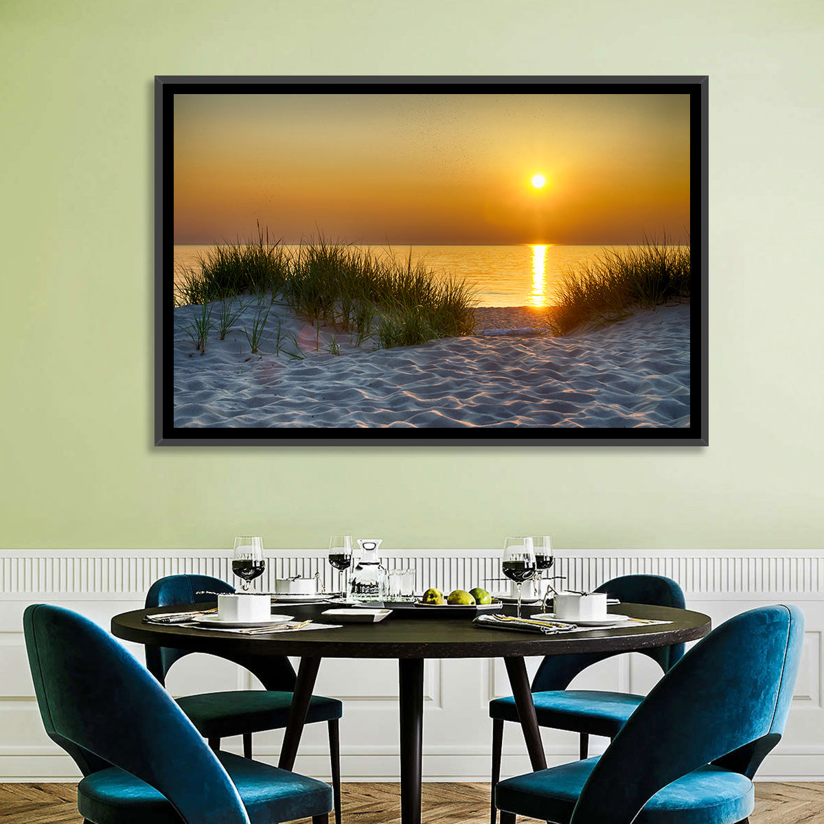 Lake Michigan Sunset Dunes Wall Art in a room, landscape