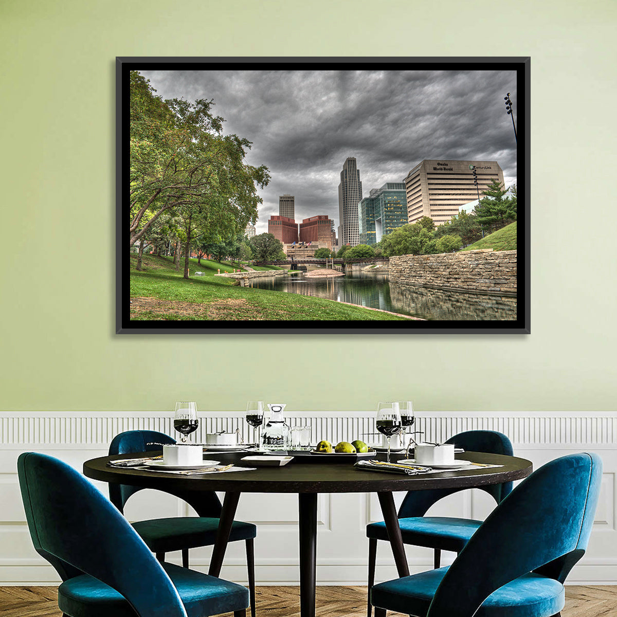 Omaha Skyline at Gene Leahy Mall Wall Art in a room, landscape