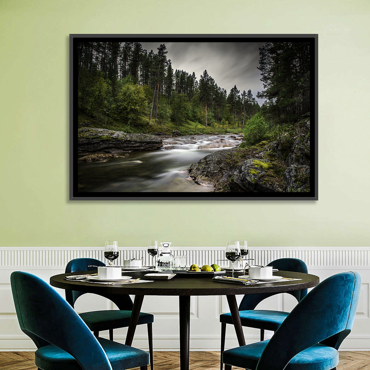 Mossy Forest Stream Wall Art in a room, landscape