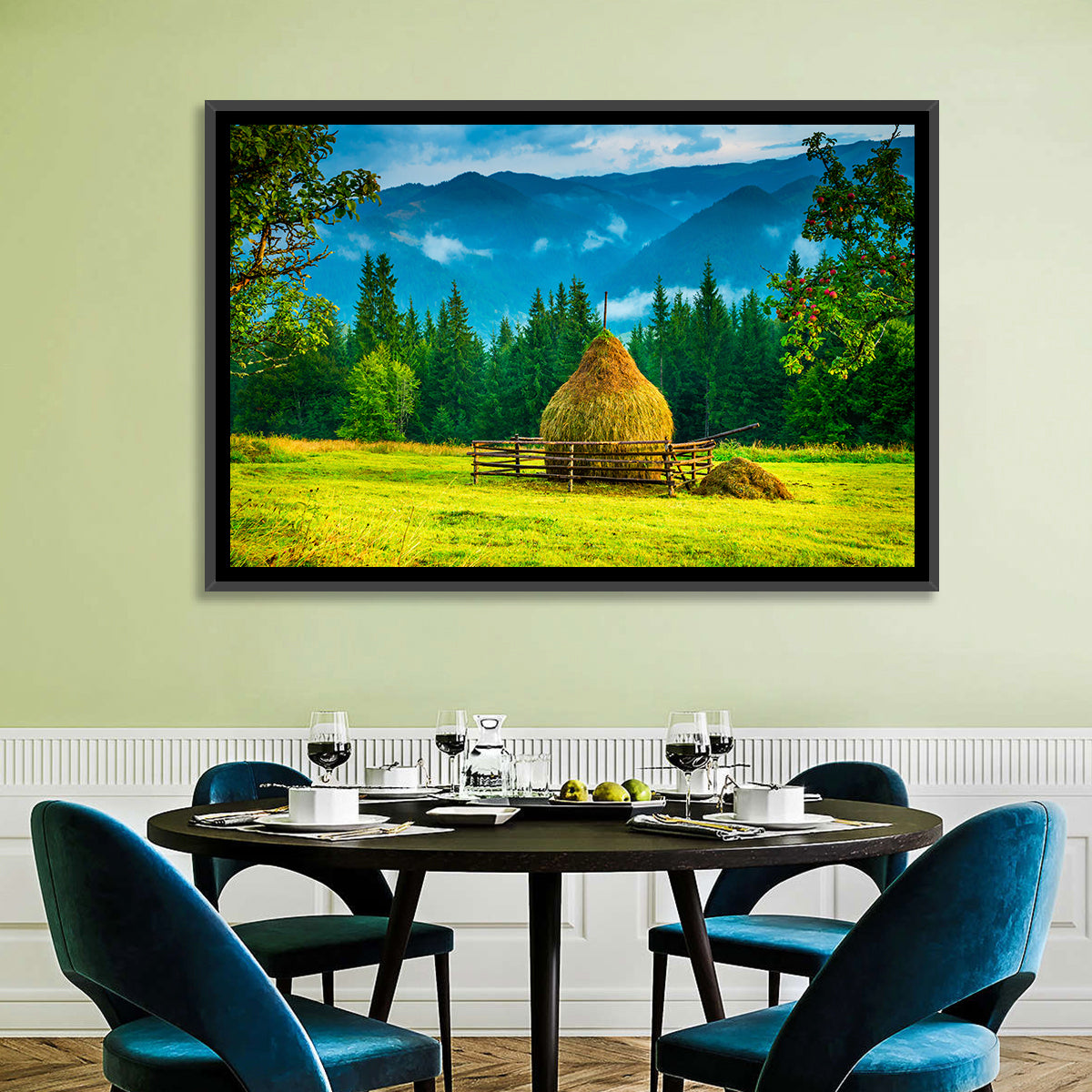 Haystack in Mountain Meadow Wall Art in a room, landscape