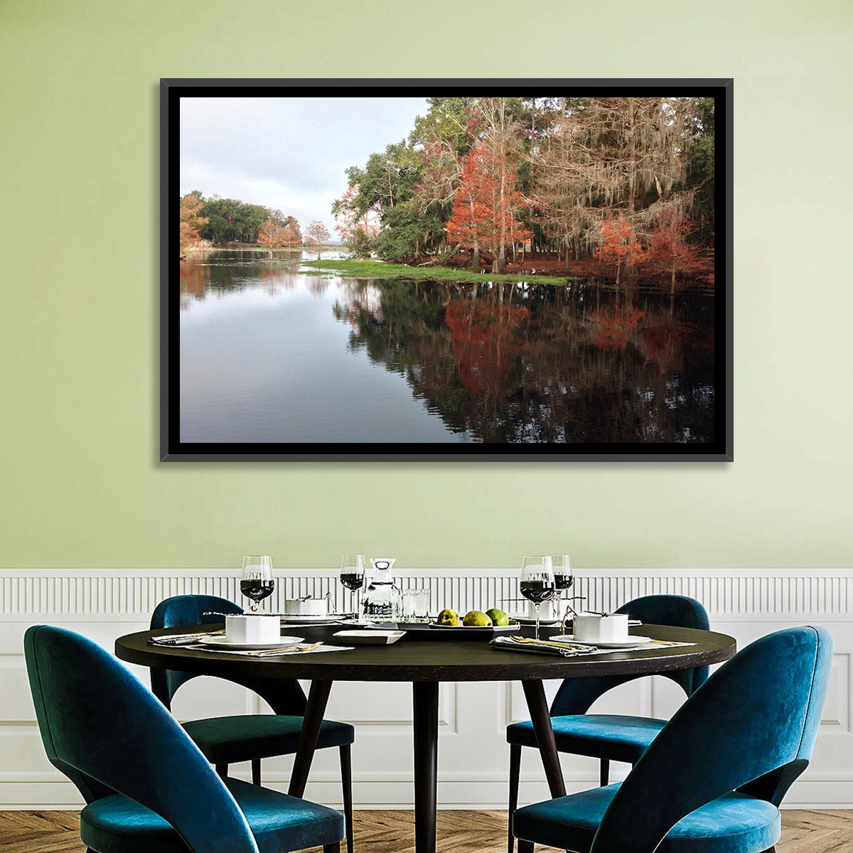 Autumn Lake Reflection Wall Art in a room, landscape