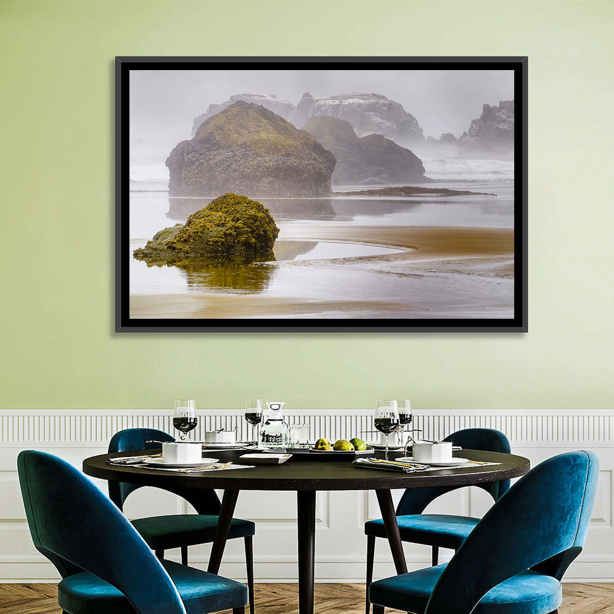Misty Oregon Sea Stacks Wall Art in a room, landscape