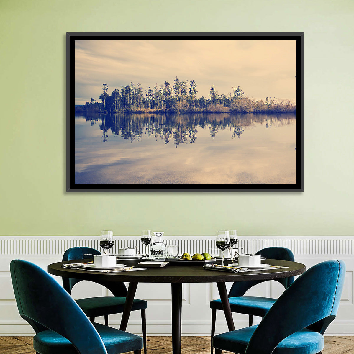Sunset Over Forest Lake Wall Art in a room, landscape
