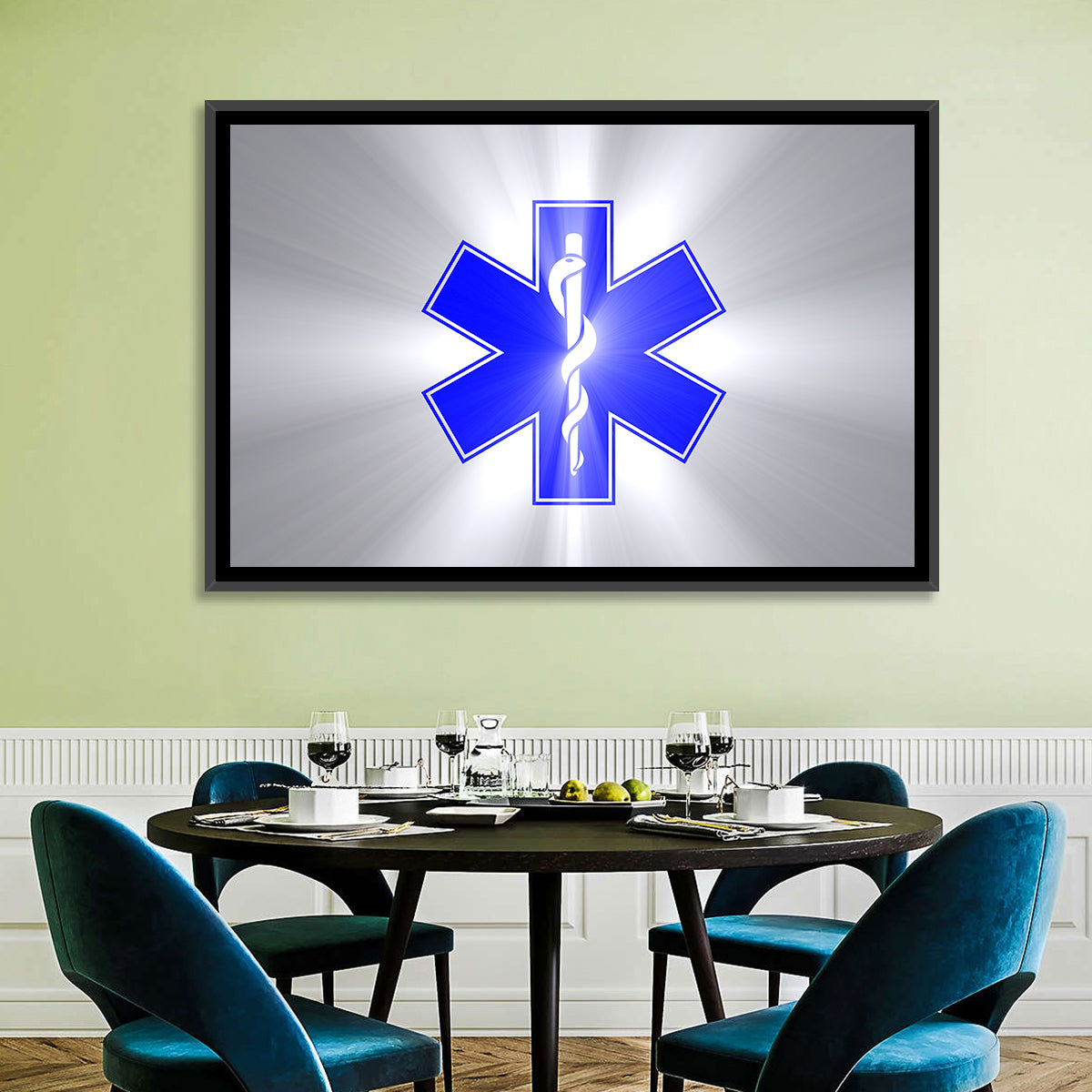 Star of Life with Rod of Asclepius Wall Art in a room, landscape