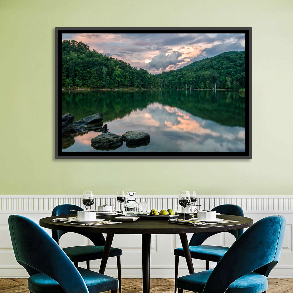 Martins Fork Lake Sunset Wall Art in a room, landscape