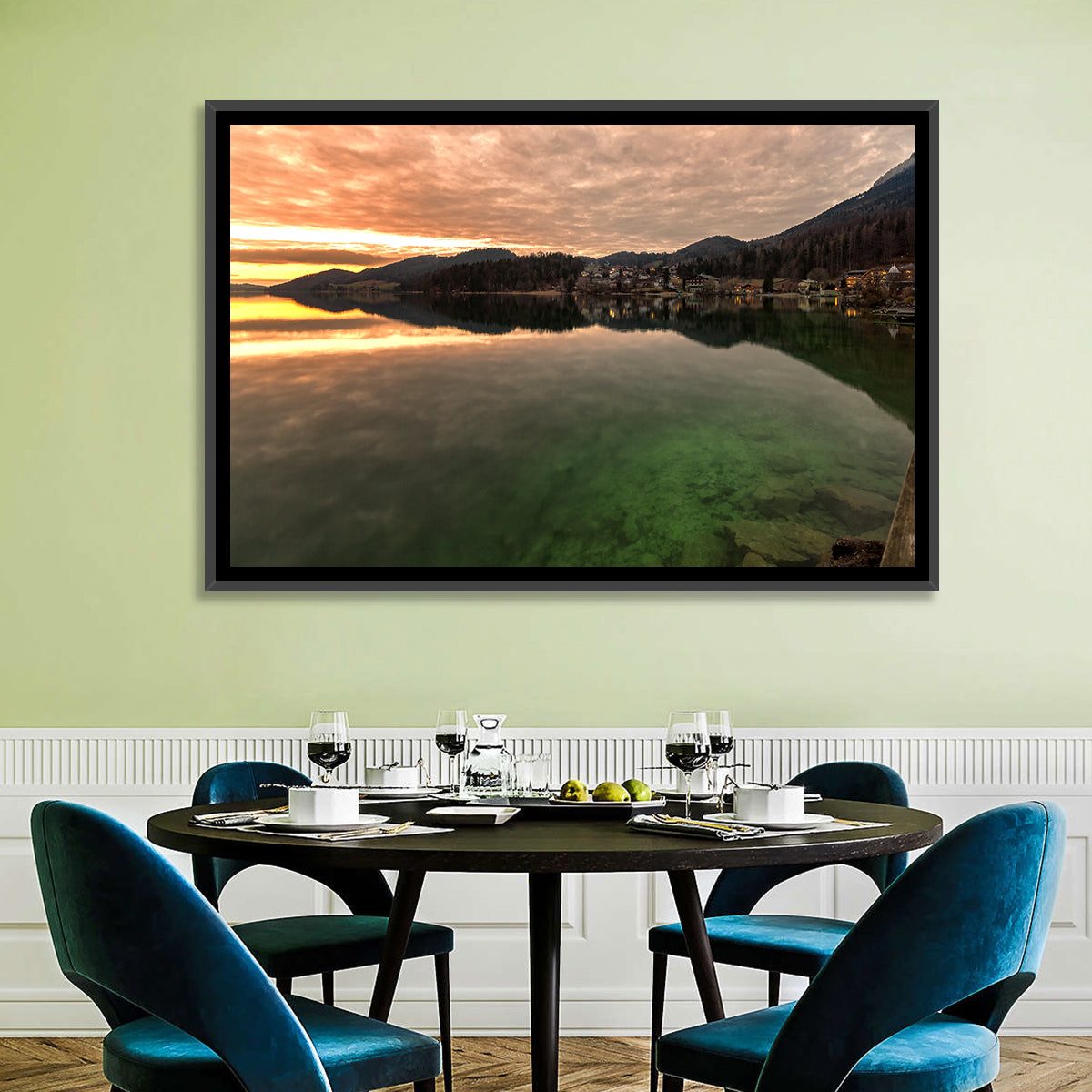 Fuschlsee Pier at Sunset Wall Art in a room, landscape